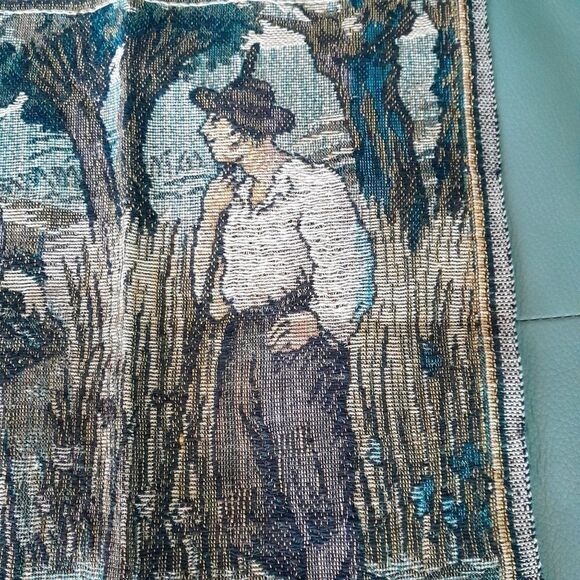 VTG French Needlepoint Tapestry Pillow Fabric Courting Couple Farm Country 12x12 - Picture 4 of 7